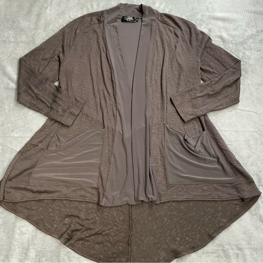 Sympli‎ Cardigan Sweater 12 Womens Hi Low Knit Brown Stretch Panels Pockets